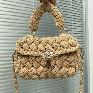 Knitted mini top handle crossbody bag tan